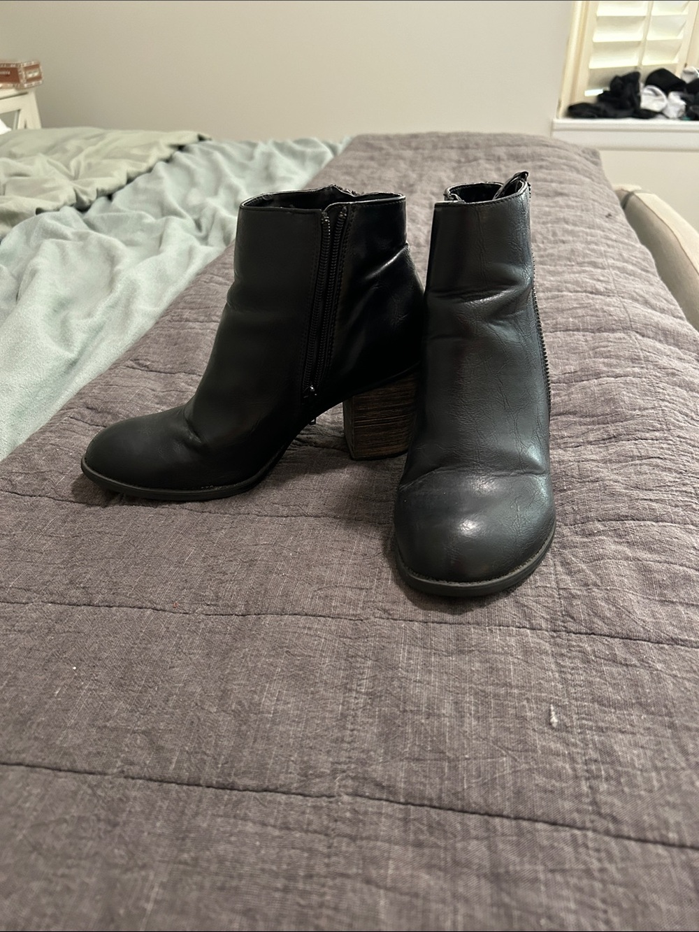 Alba Black Leather Ankle Booties with Stacked Heel